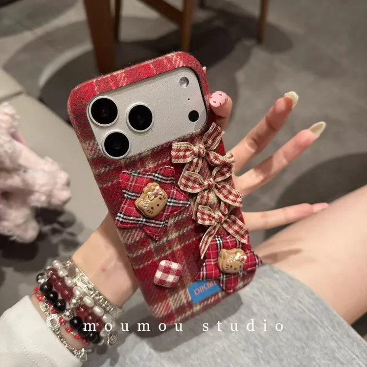 秋冬绒布适用苹果16promax手机壳凯蒂猫15pro蝴蝶结17pro软壳13女