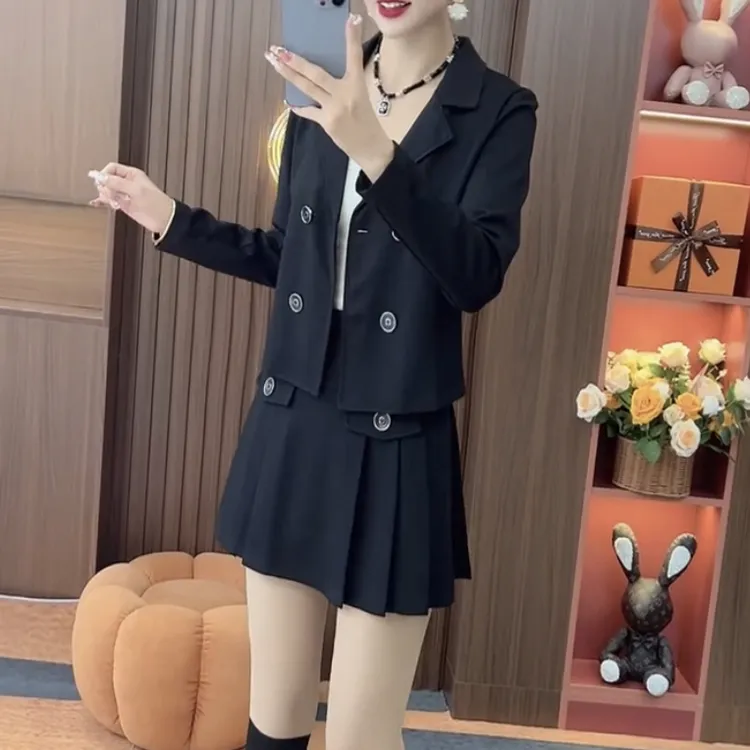 时尚洋气百搭修身小香风西服领上衣搭配高腰百褶裙两件套小个子爆