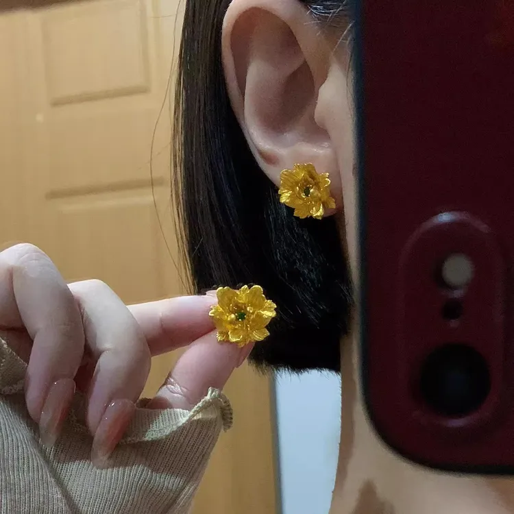 铜合金耳饰 复古金色花开富贵牡丹花耳钉女新中式仿婚嫁耳饰百搭