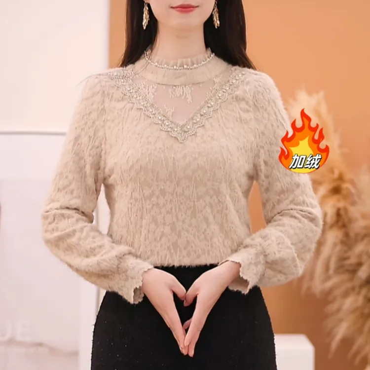 【茶歇时光】冬季新款钩花洋气打底单穿时尚百搭加绒加厚磨毛上衣