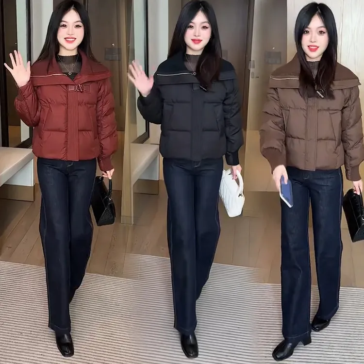 时尚短款棉衣外套女士2024冬季新款气质小个子加厚保暖翻领棉服