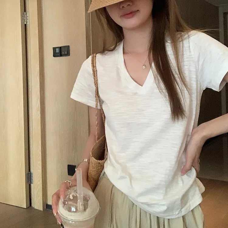 节棉V领白色短袖t恤女基础款韩版百搭薄款宽松休闲上衣夏季体恤