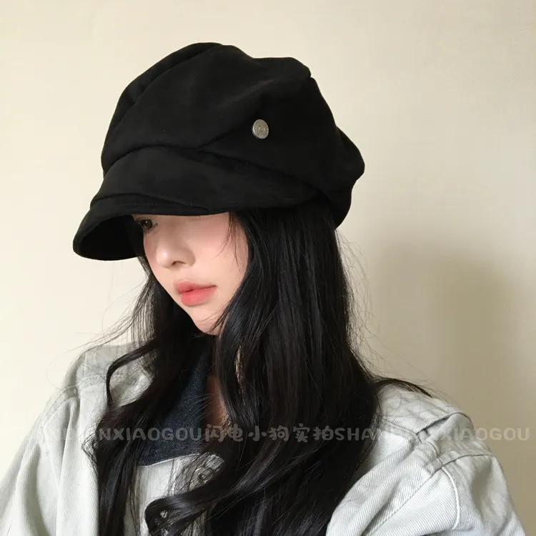 韩系复古褶皱ins贝雷帽子女秋冬显脸小报童帽大头围八角画家盆帽