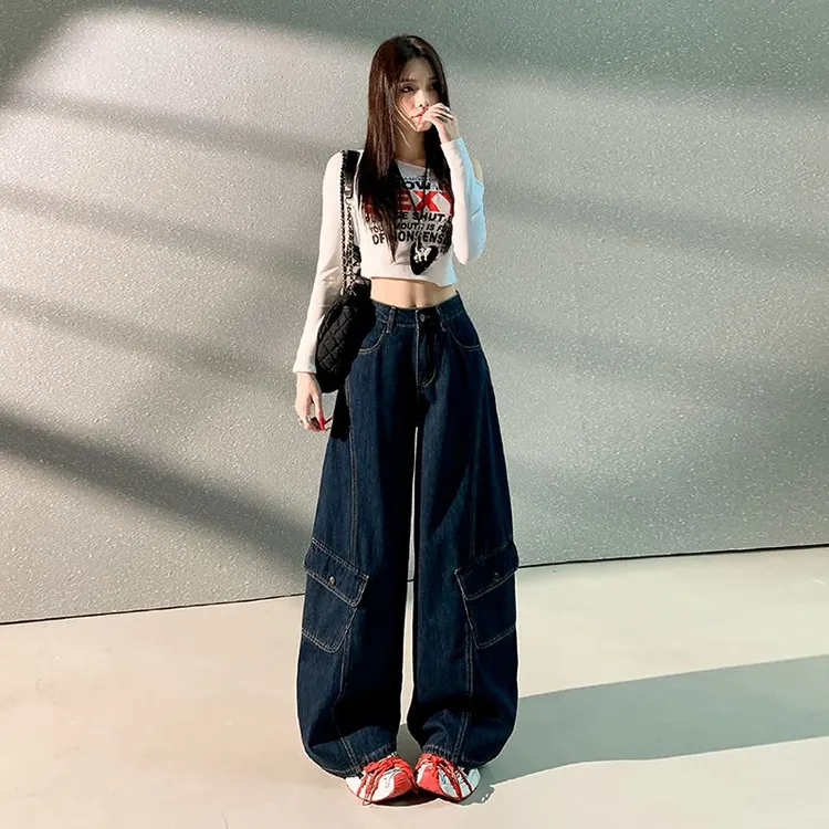 原色工装裤多口袋宽松牛仔裤女百搭显瘦宽松