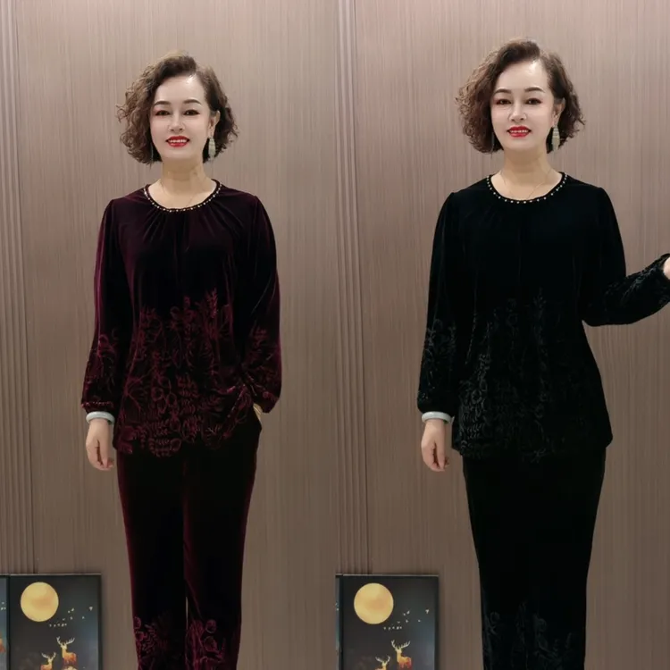 时髦春秋气质洋气休闲烧花丝绒套装秋季秋冬显瘦大码秋装上衣长袖