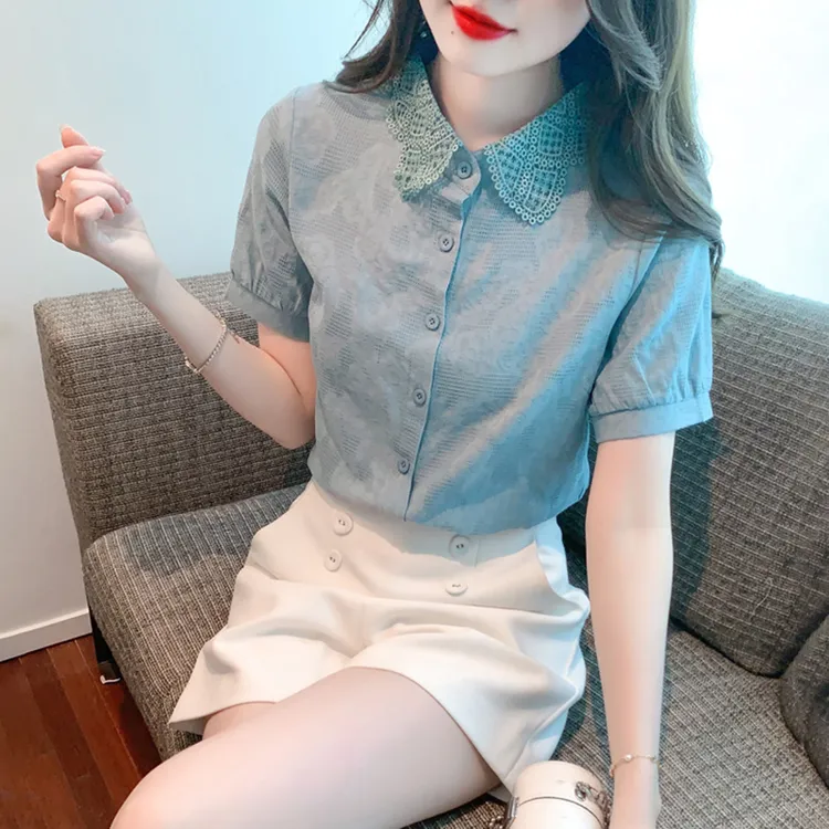时尚蕾丝polo领衬衫女2025夏季爆款短袖提花上衣法式漂亮别致小衫