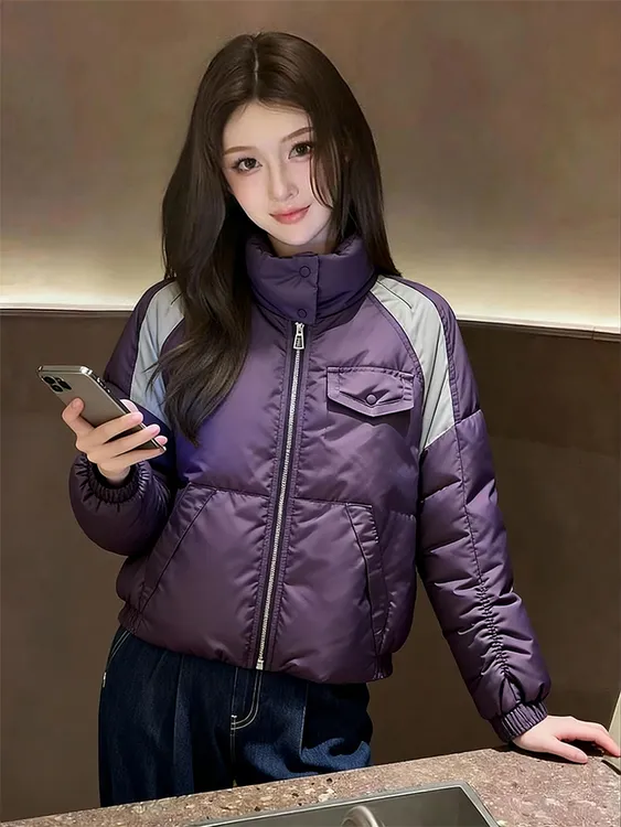 紫色撞色立领棉服冬季女款洋气独特漂亮小棉袄巨好看的夹棉外套潮