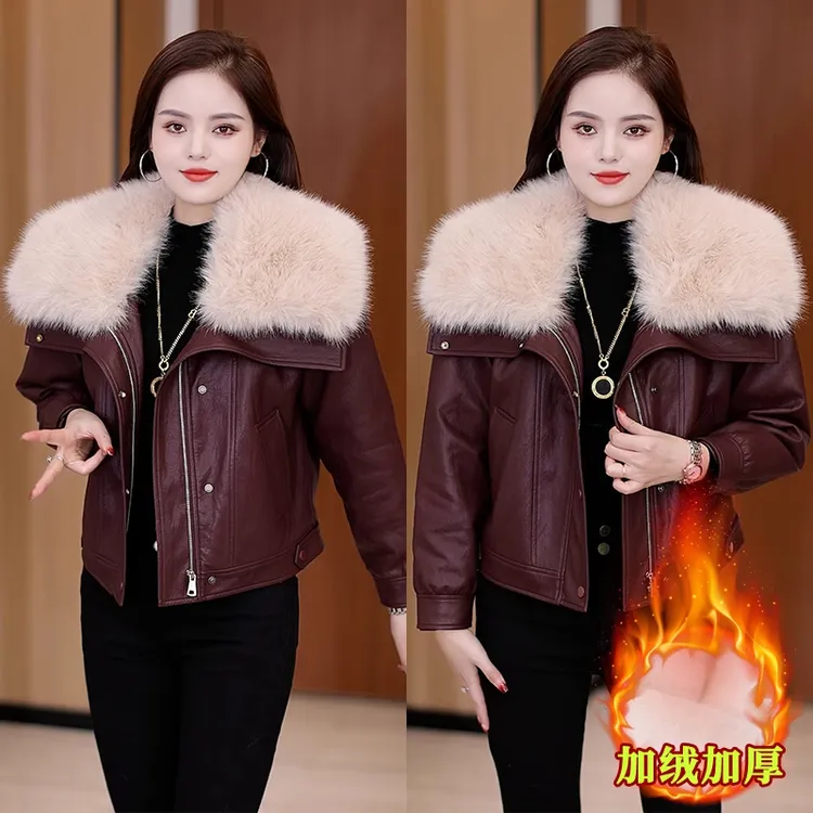 高端加绒皮衣外套女短款冬季时髦洋气加厚保暖大毛领PU皮夹克上衣