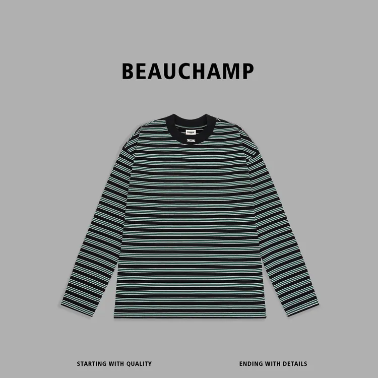 Beau champ品牌 慵懒设计感复古条纹长袖休闲宽松套头上衣 9101#
