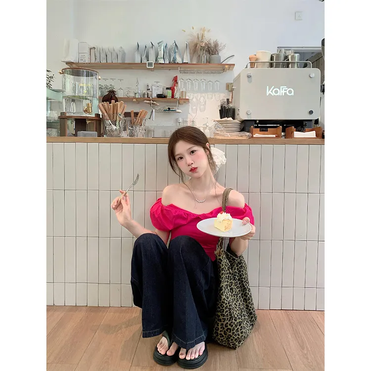 2025新款女士夏季时尚穿搭泡泡袖一字肩衬衫上衣高腰宽松阔腿裤