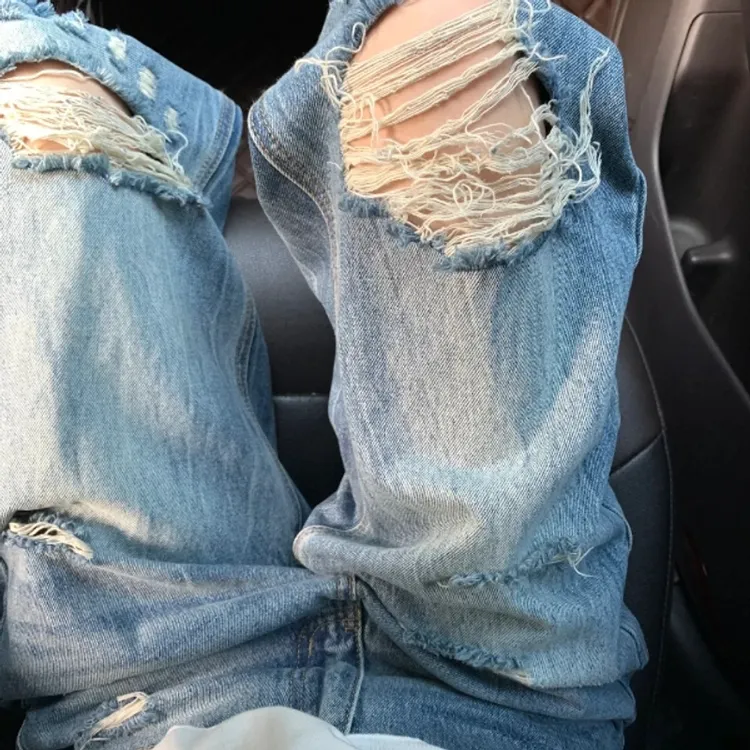 美式复古街头破洞牛仔裤女2025新款磨破高腰显瘦直筒阔腿长裤子潮