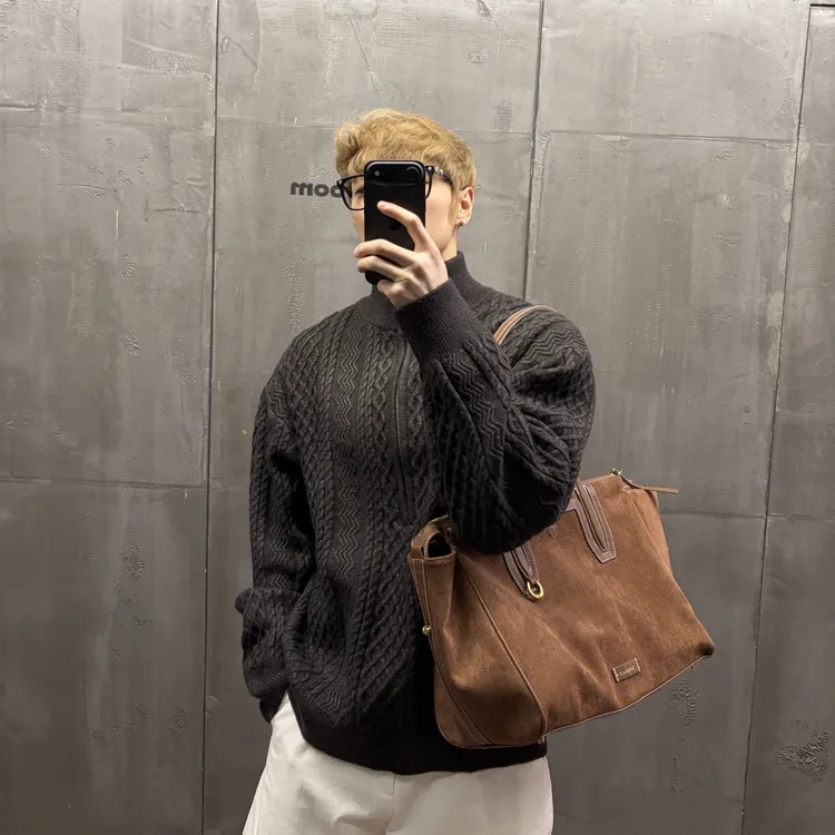 秋冬款麻花纹半高领针织衫男士宽松加厚保暖毛衣外套潮流休闲上衣