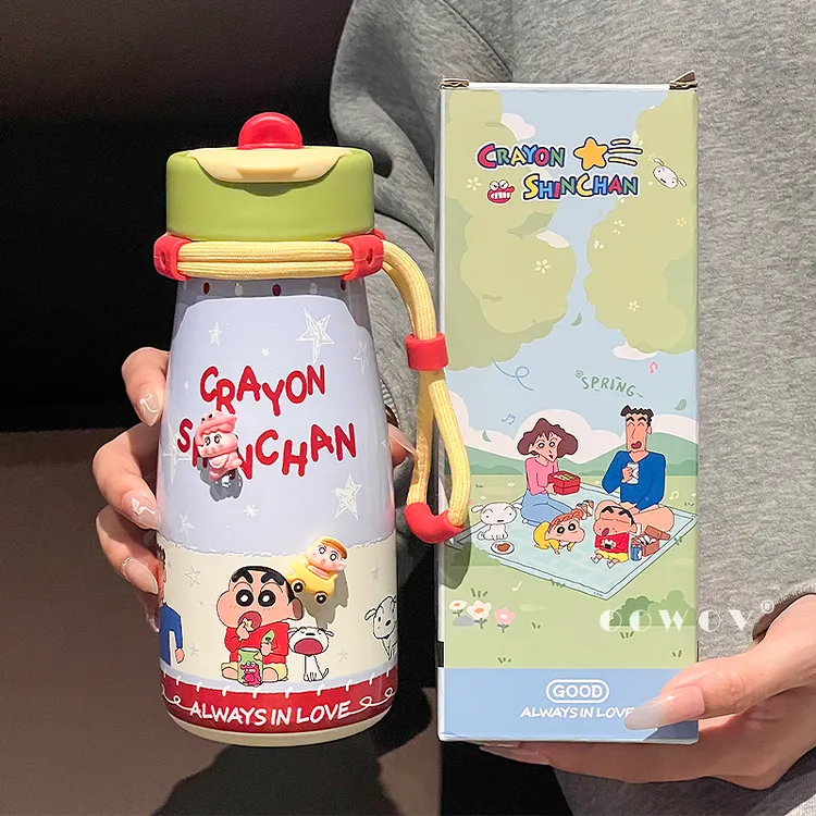 蜡笔小新联名保温杯女士新款高颜值吸管水杯学生上学专用生日礼物