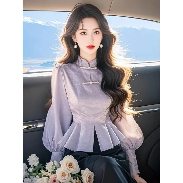 新中式轻国风紫色雪纺衬衫女春季2025新款缎面衬衣高级感长袖上衣