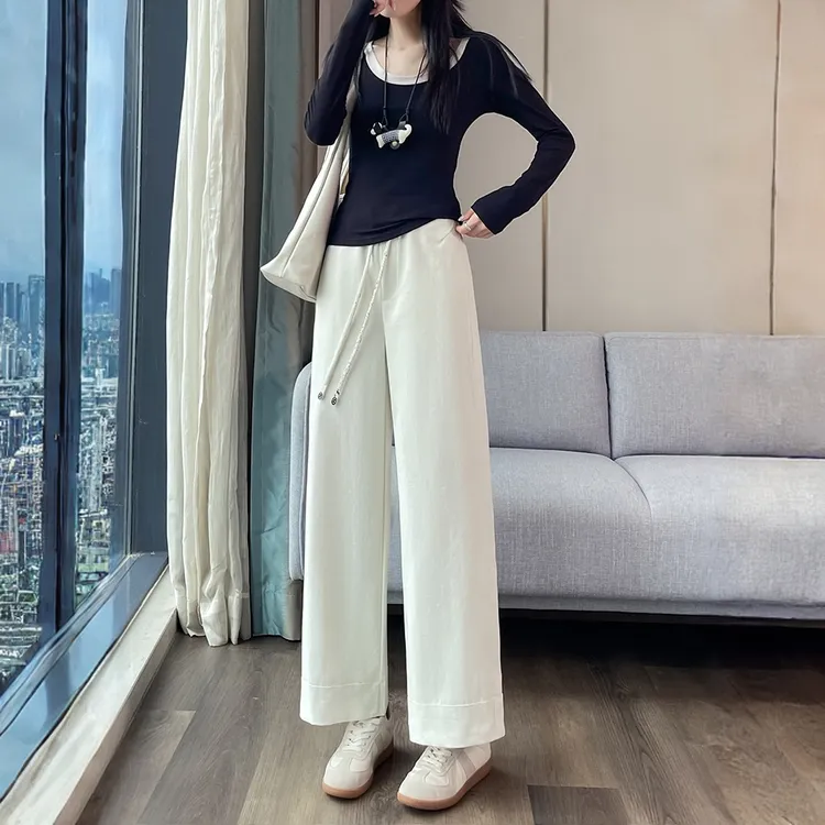秋季新款小个子阔腿裤女显瘦高腰抽绳九分矮个子胖mm休闲直筒裤子