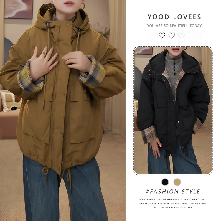 2025冬季新款学院风连帽宽松大口袋棉衣女工装棉服上衣系带外套