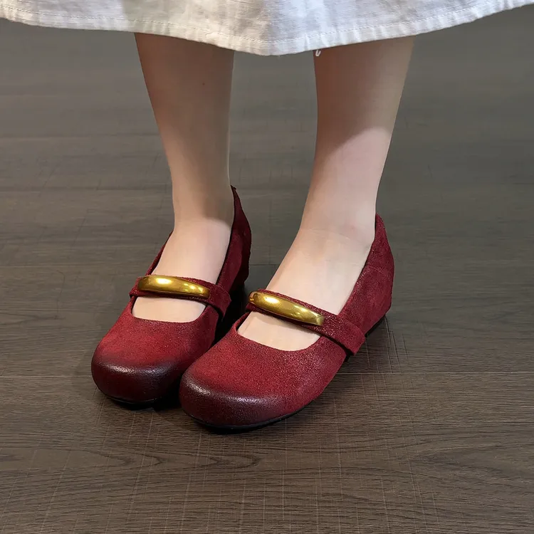 4cm/2641牛皮圆头软底复古玛丽珍百搭一字带单鞋浅口内增高女鞋