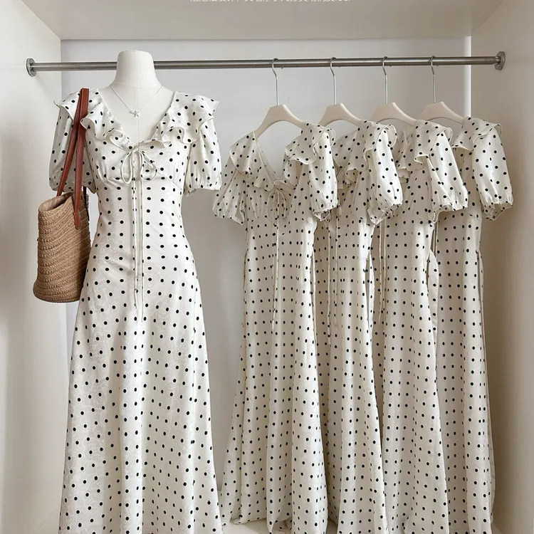 温柔风提花波点荷叶边v领系带连衣裙女泡泡袖收腰显瘦a字长裙