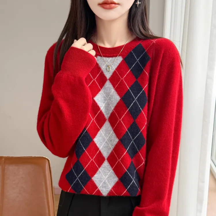 菱形格纯羊毛套头气质简约打底长袖秋冬保暖软糯毛衣宽松打底爆款