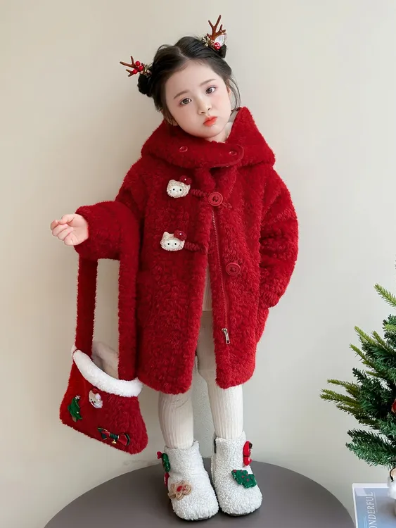 女童红色毛毛衣外套冬装加厚连帽2025新款儿童新年加绒羊羔毛大衣