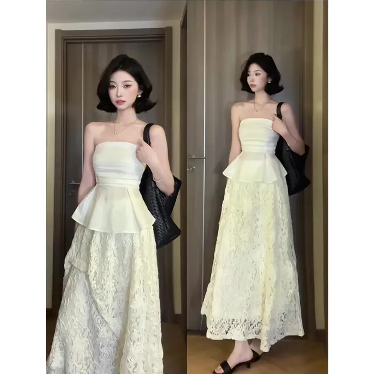 纯欲风辣妹一字肩抹胸背心女夏季新款外穿内搭上衣蕾丝半身裙套装