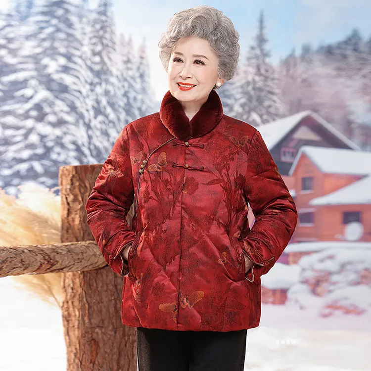 奶奶冬装国风本命年红色羽绒服中老年人女高档外套老太太国风上衣