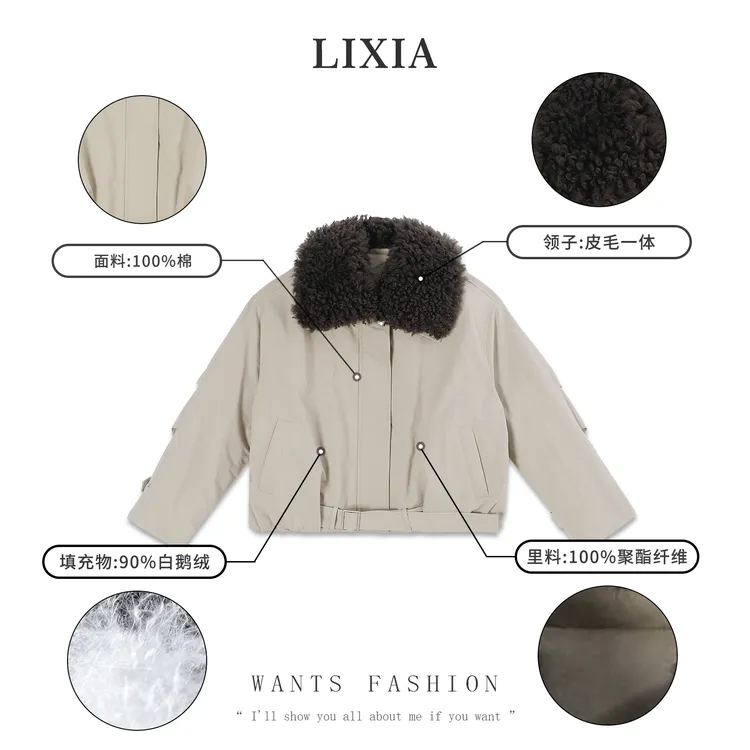 LIXIA【威士忌】男友范休闲工装风鹅绒服皮毛一体外套-D9979