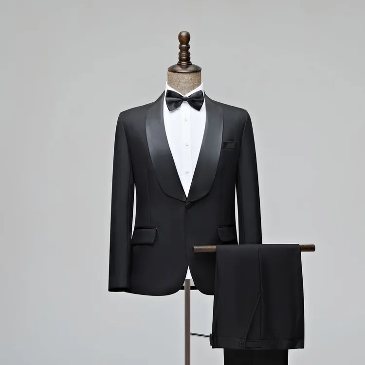 结婚青果领长袖纯色礼服西服套装韩版修身男士黑色演出大合唱服