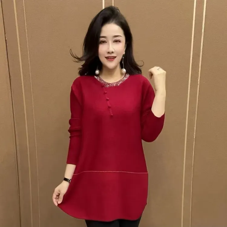经典优雅烫钻中长款针织毛衣春冬季时尚斜扣妈妈装宽松显瘦毛衣女
