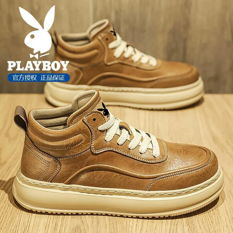 花花公子男鞋2025新款冬季英伦风真皮面潮流高帮厚底防滑休闲板鞋