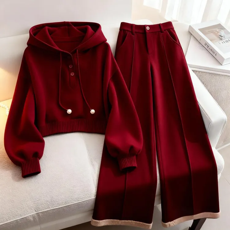法式轻熟风安可拉红两件套秋冬新款纯色套头卫衣显瘦阔腿裤两件套