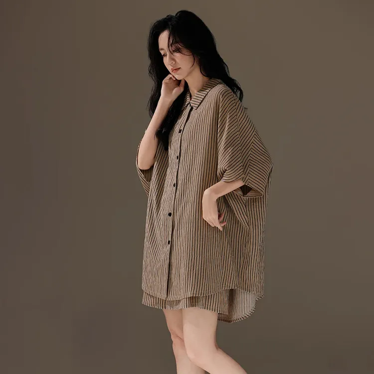 艾唯绅睡衣女2025衬衫短袖宽松条纹休闲可外穿大码夏季家居服套装