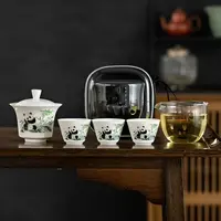 KK0404-熊猫三杯快客旅行茶具手工高档户外陶瓷中式白瓷便携式