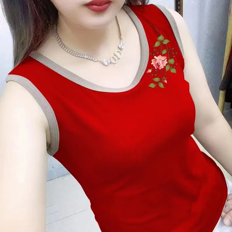 100%纯棉背心女新款圆领印花修身大码吊带妈妈红色外穿百搭上衣潮