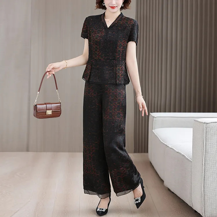 时尚妈妈显年轻款阔太太套装夏装中老年仿桑蚕丝阔太太阔腿两件套