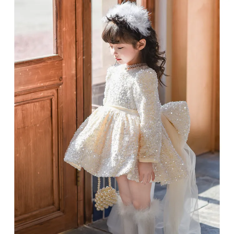秋冬爆闪亮片裙女童公主裙重工小女孩生日裙蝴蝶结拖尾网纱小礼服