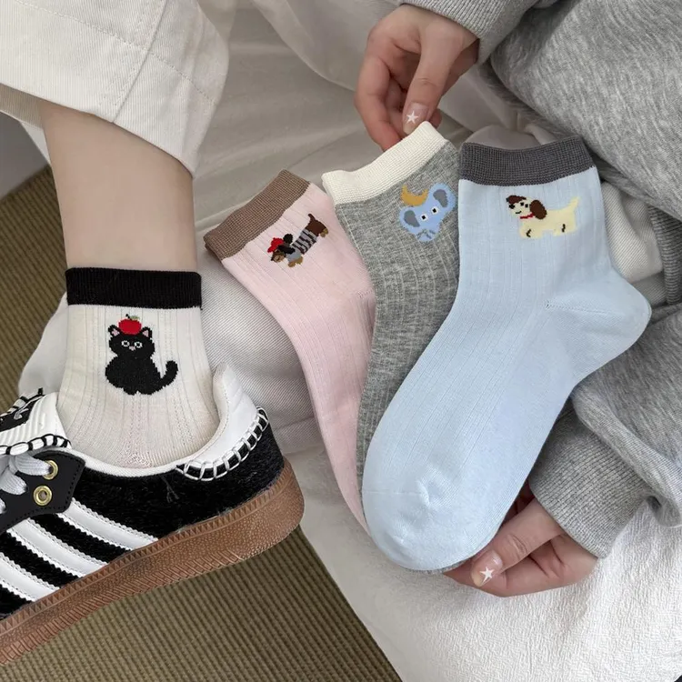无骨缝头春夏ab款韩版小狗短筒卡通棉袜拼色腊肠狗袜子搭配勃肯鞋