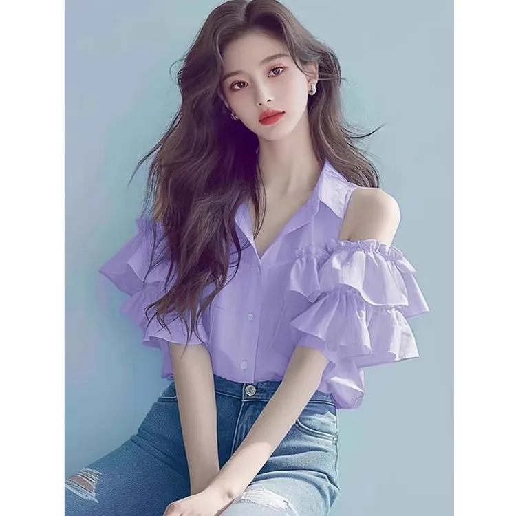 欧货漂亮时尚气质高级感绝美上衣设计感荷叶边紫色露肩衬衫女夏季
