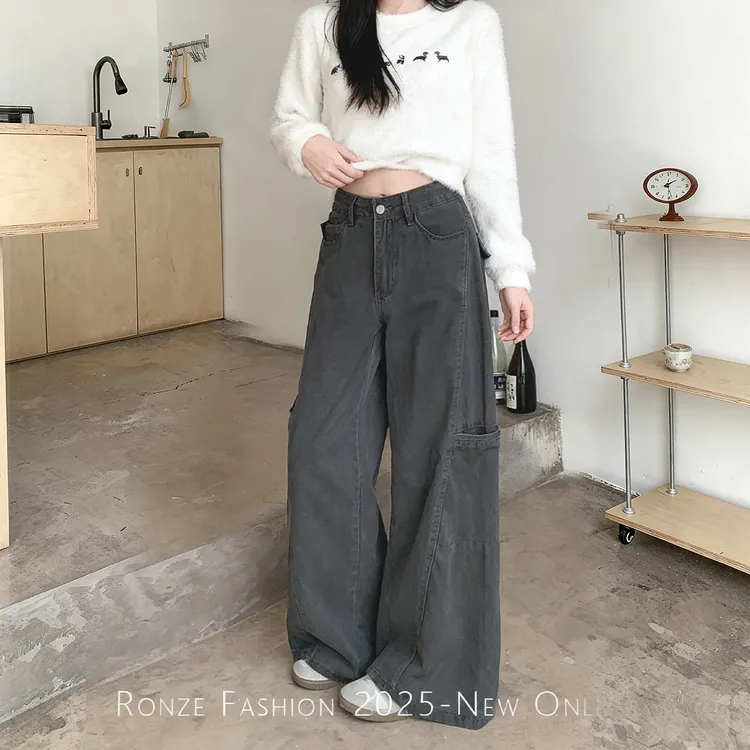 初秋美式复古高街阔腿牛仔裤工装裤显瘦女生高腰阔腿弯刀裤