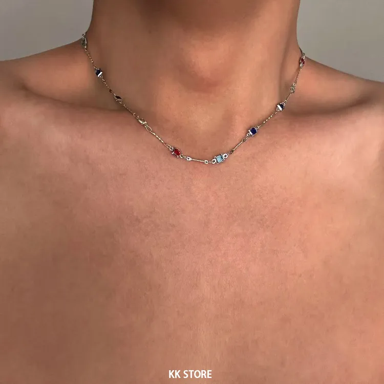 合金项链 彩色拼接方糖锆石锁骨链男款冷淡风小众简约百搭项链女