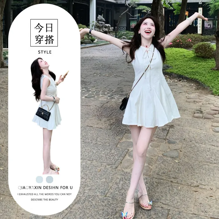 2025年夏上新富家千金风甜美提花显瘦气质蝴蝶结无袖短裙连衣裙子