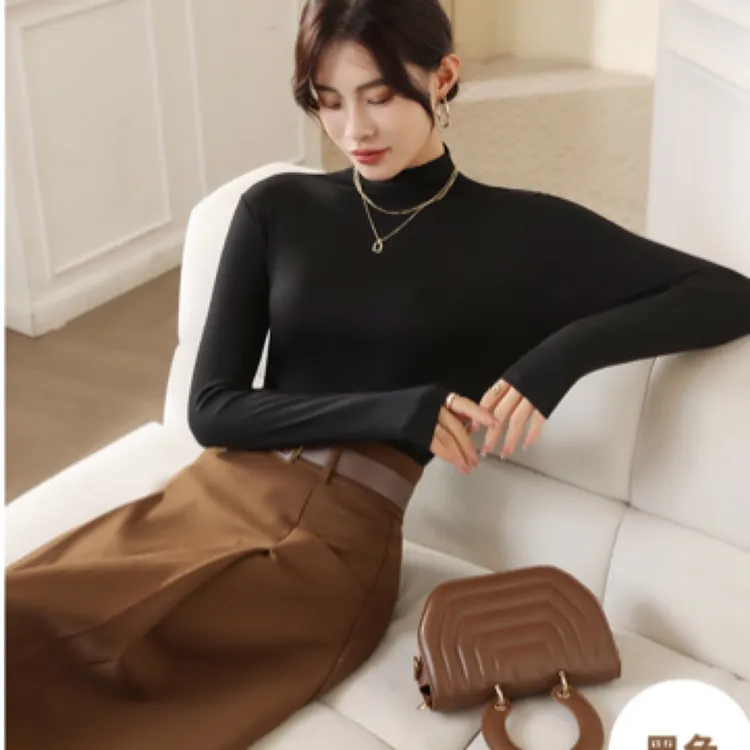 灰色长袖t恤女2025秋季新款紧身半高领打底衫女内搭显瘦百搭上衣