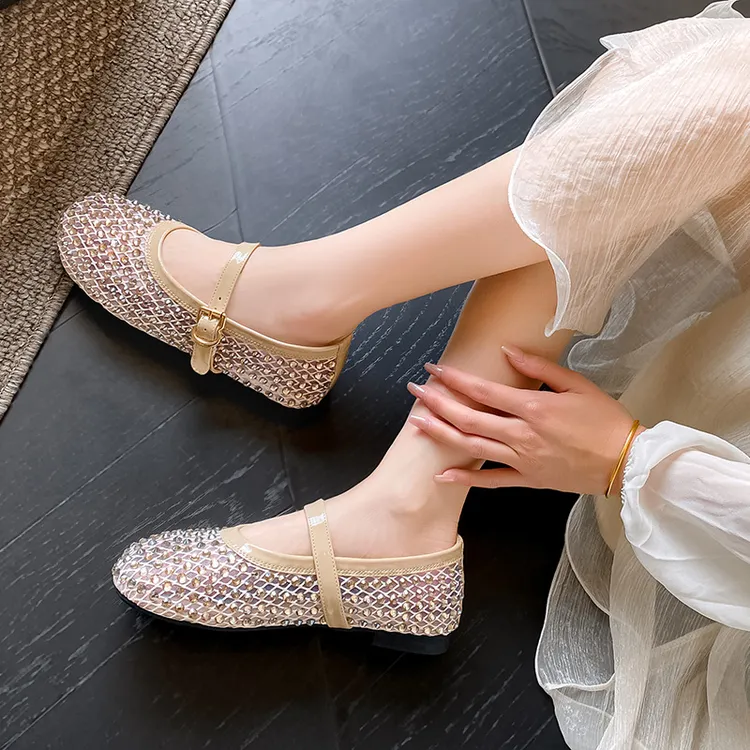 2025夏季休闲时尚玛丽珍浅口百搭网面压钻芭蕾软底平底网鞋3955