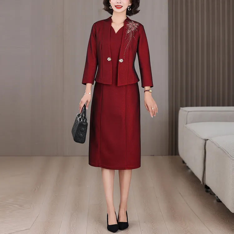 blx9729优雅烫钻假两件连衣裙女2025秋冬新款喜婆婆婚宴装礼服裙