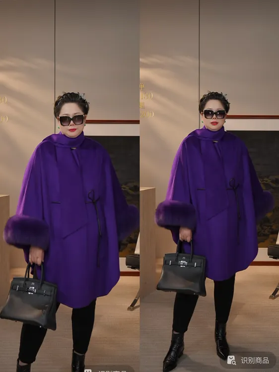 【花满林】翻领正门襟袖口拼接毛条绵羊毛紫色大衣外套24755