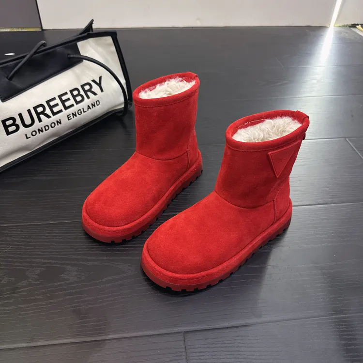 拼色冬季高帮纯色保暖时尚雪地靴短靴短筒中筒百搭真皮厚底加绒