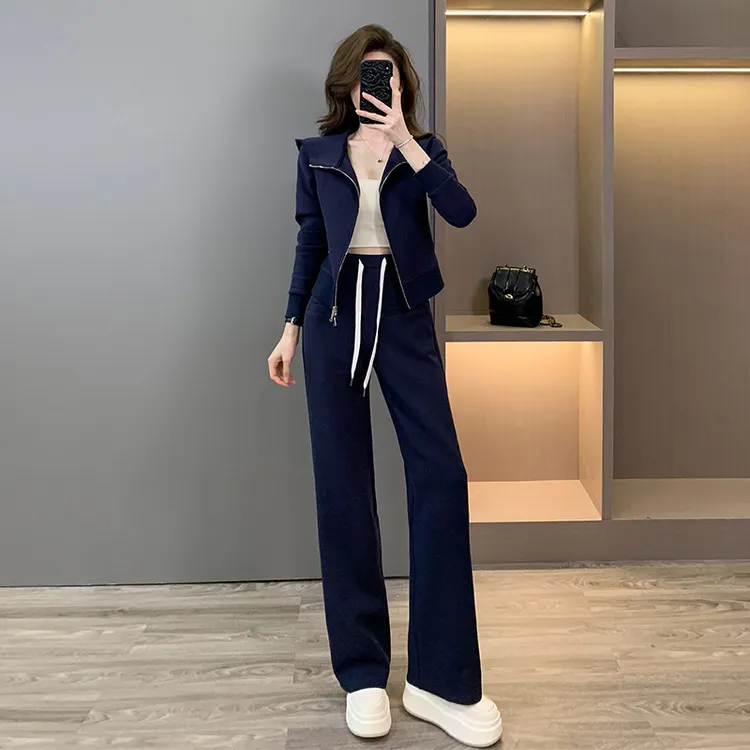 小个子显高休闲运动套装女2025秋季修身显瘦开衫上衣阔腿裤两件套