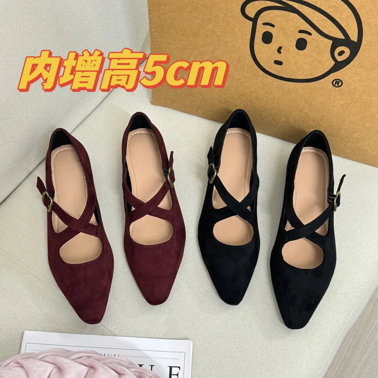 小个子内增高5cm法式单鞋女复古交叉玛丽珍尖头简约气质显白女鞋
