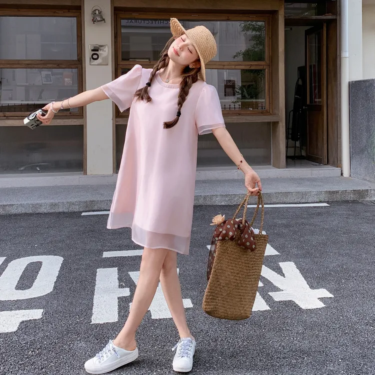 拼接H型裙夏季长裙泡泡袖连衣裙韩版裙子宽松时尚气质洋气减龄