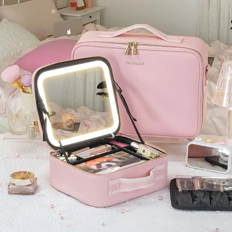 带灯化妆包带镜子一体化妆箱多层多功能化妆品收纳包跟妆出差便携